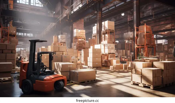 A large warehouse with a forklift and many boxes