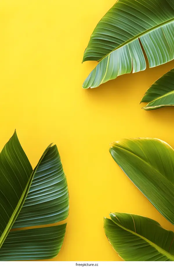 Tropical Green Leaves on a Yellow Background