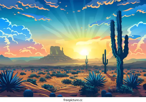 Sunrise Over Desert Landscape With Cacti