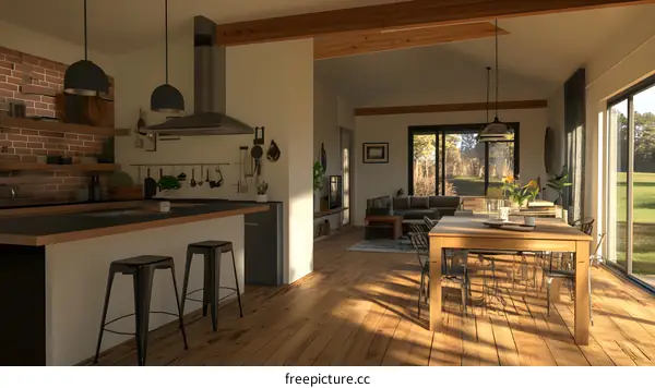 Modern Kitchen and Dining Room Interior Design with Wooden Beams and Natural Light