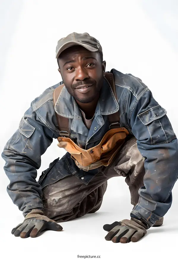 Black handyman in dirty work clothes