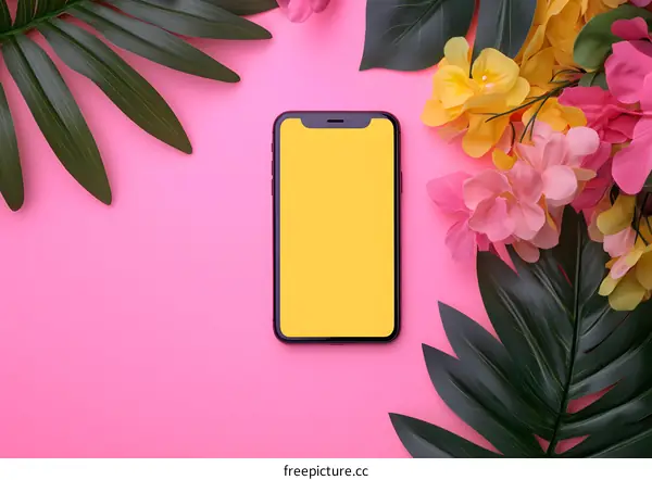 Yellow Screen Phone With Tropical Flowers and Leaves Mockup