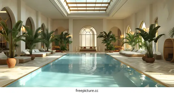Indoor swimming pool with white marble floor, plants and large arched windows