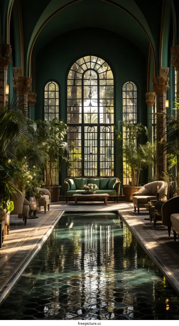 Indoor swimming pool with green walls and large windows