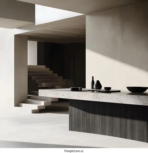 Minimalist Interior Design with Concrete Countertop and Stairs
