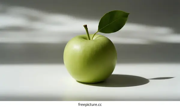 A fresh green apple with a leaf on top against a light background