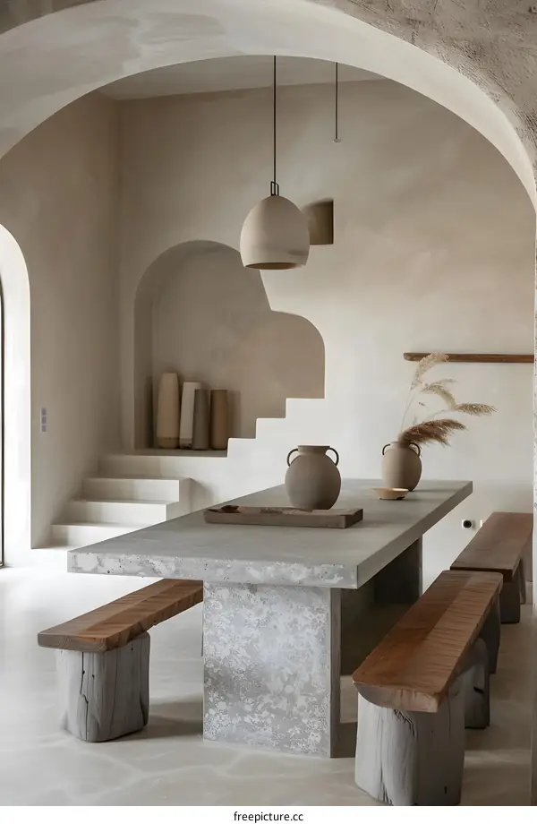 Minimalist Modern Interior Design With Arched Walls And Concrete Table