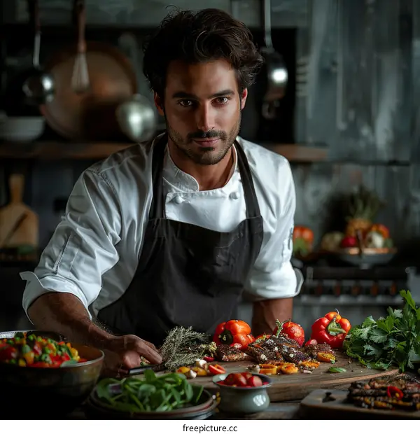 Handsome Male Chef Garnishing Grilled Steaks