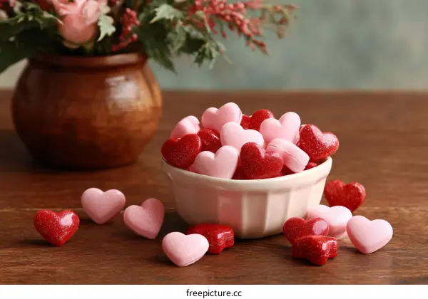 Heart Shaped Candies in a Bowl on Wooden Table