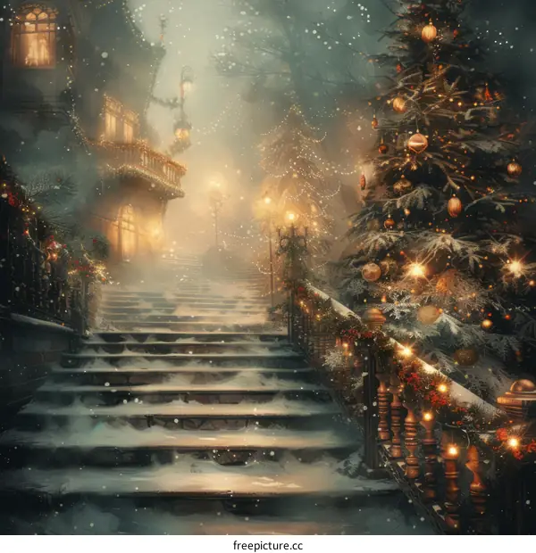 A flight of stairs leading up to a snowy street with a decorated Christmas tree at the top
