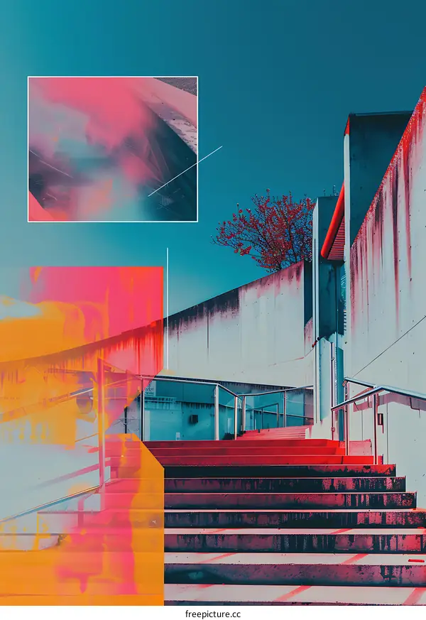 Abstract Building Facade with Stairs and a Tree