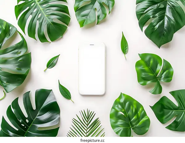 White Smartphone With Green Leaves Mockup