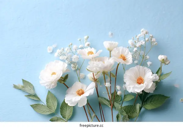 Beautiful White Flowers Bouquet on Light Blue Background