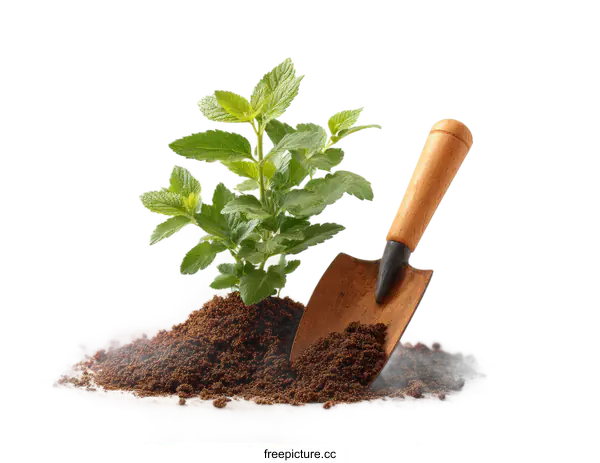 [Transparent Background PNG]Planting Mint in Garden Soil with Shovel