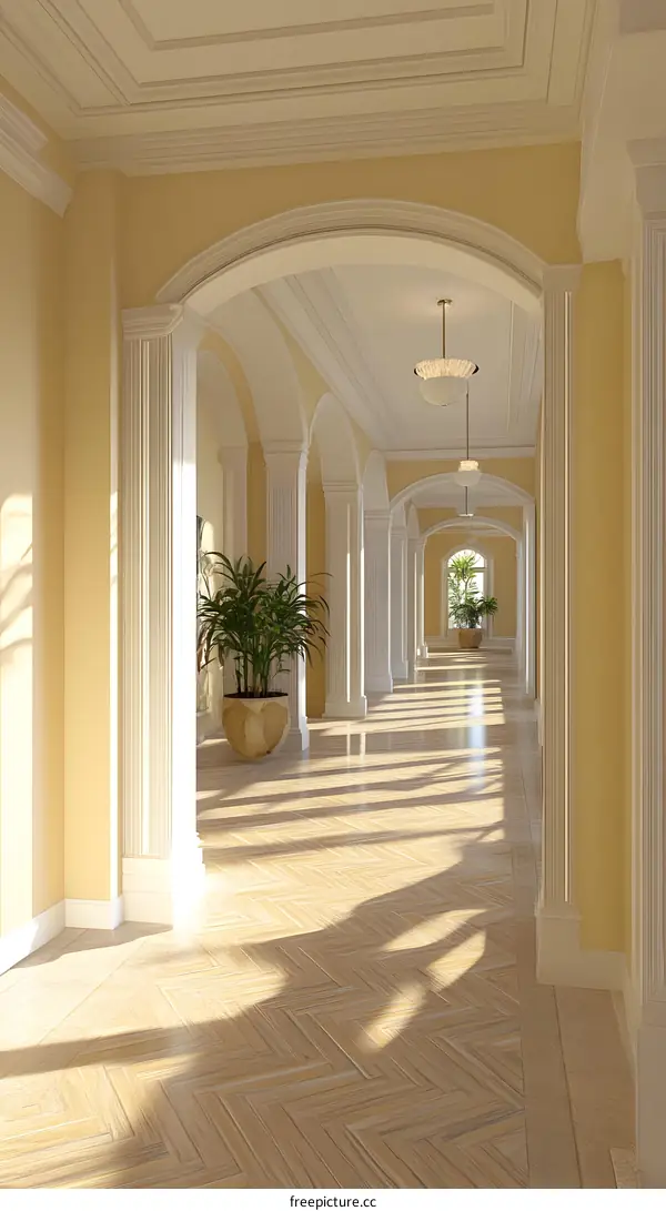 Luxury  Hallway With White Columns And Arched Ceilings