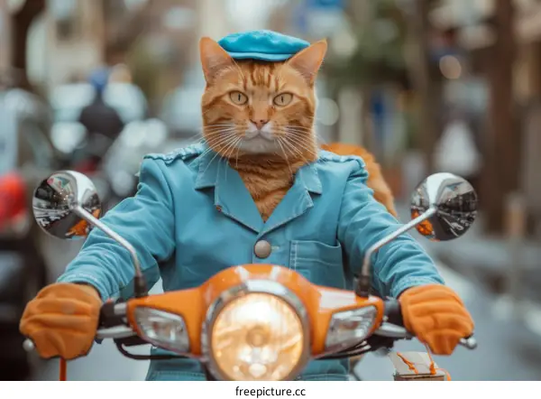 ginger cat in a blue beret riding a scooter