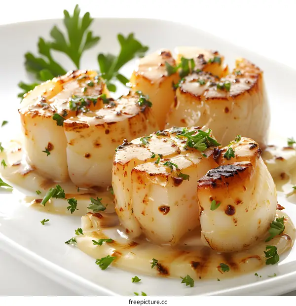 Four flame grilled scallops sit on a bed of lemon butter sauce with parsley garnish