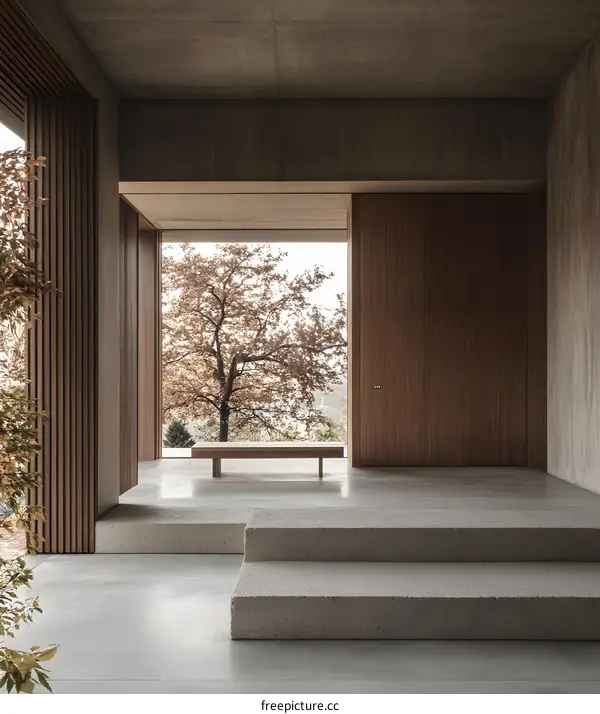 Modern Concrete And Wood House Entrance With Stairs And Bench
