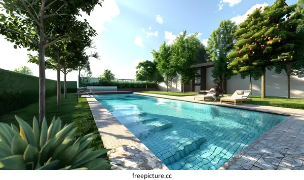 Backyard Swimming Pool with Lush Greenery and a Person Relaxing