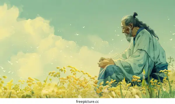 An aged sage sitting in a field of yellow flowers
