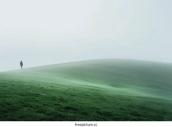 Person walking alone on a foggy hill