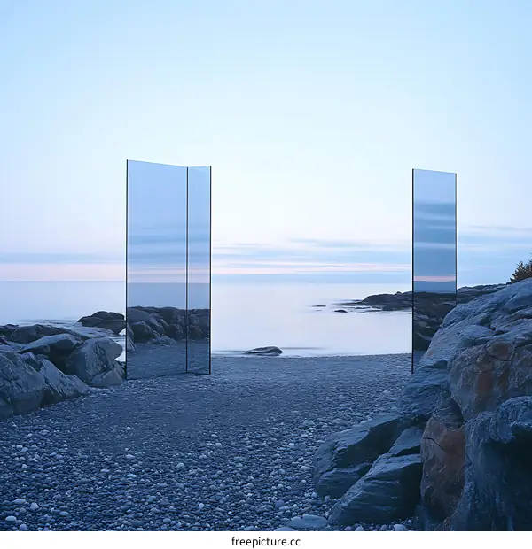 Reflective Glass Panels on a Rocky Beach at Sunset