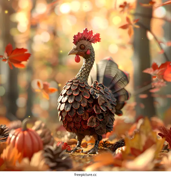 A bronze turkey with red and yellow leaves stands in a fall forest