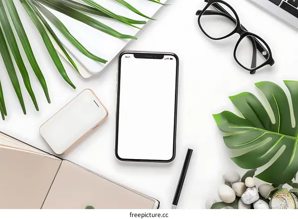 Flat Lay Minimalist Office Desk with Phone, Green Leaves, and Notebook