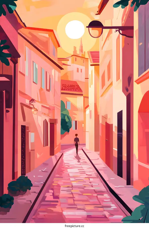 Woman Walking Through Colorful European City Alley