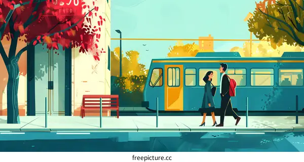 Couple Walking on the Street with a Tram in the Background
