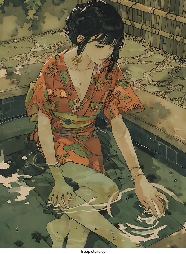 Woman in a Red Kimono Sitting in Water