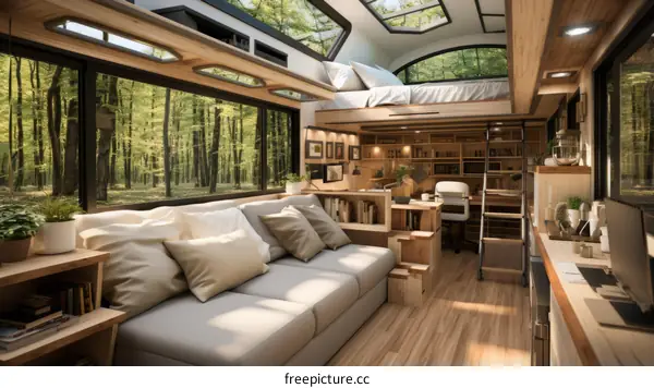 The interior of a cozy and modern tiny house with a living area, kitchen, and sleeping loft