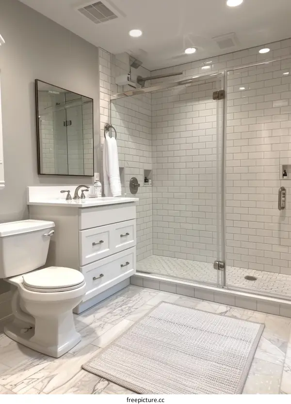 Small bathroom with white marble floor and white subway tile shower