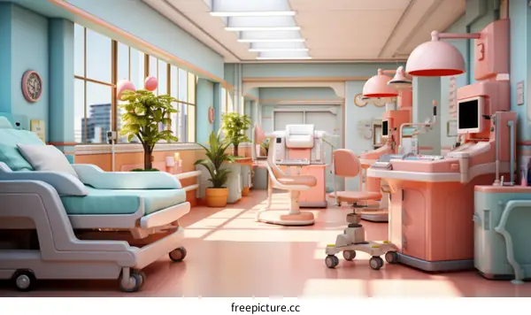 Modern Hospital Room with Bed, Chair, and Medical Equipment