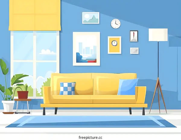 Modern Living Room Interior Design with Yellow Sofa and Blue Walls