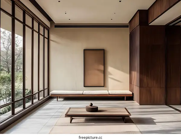 Minimalist Modern Interior Design with Wooden Bench and Coffee Table