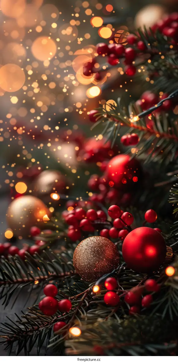 Christmas Tree Decorated with Red and Gold Ornaments