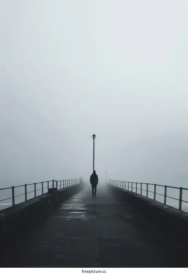 A lone figure walks down a pier into the fog