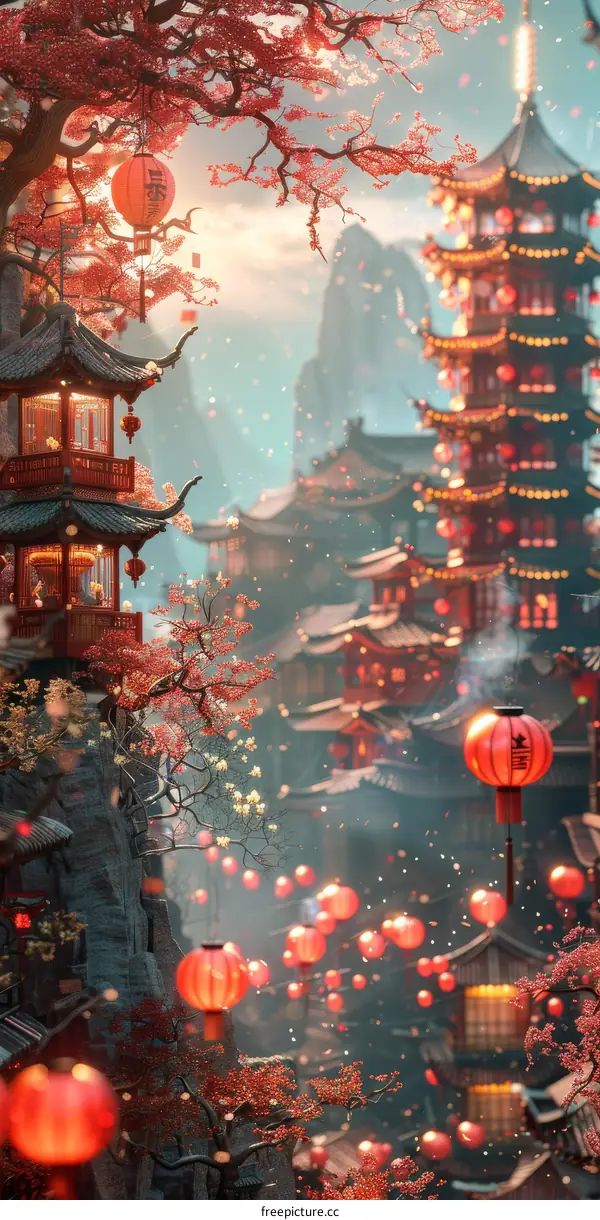 Chinese Architecture with Red Lanterns and Cherry Blossoms