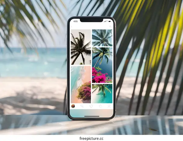 Mobile Phone Displaying Tropical Vacation Photos On A Beach