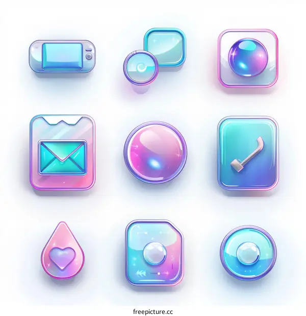 A set of 9 colorful glossy web buttons with various symbols
