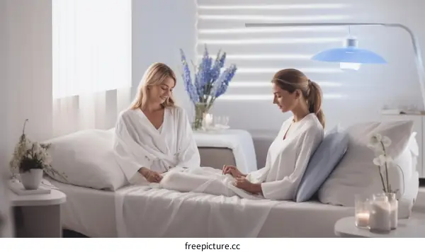 Two women in white robes relaxing in a spa