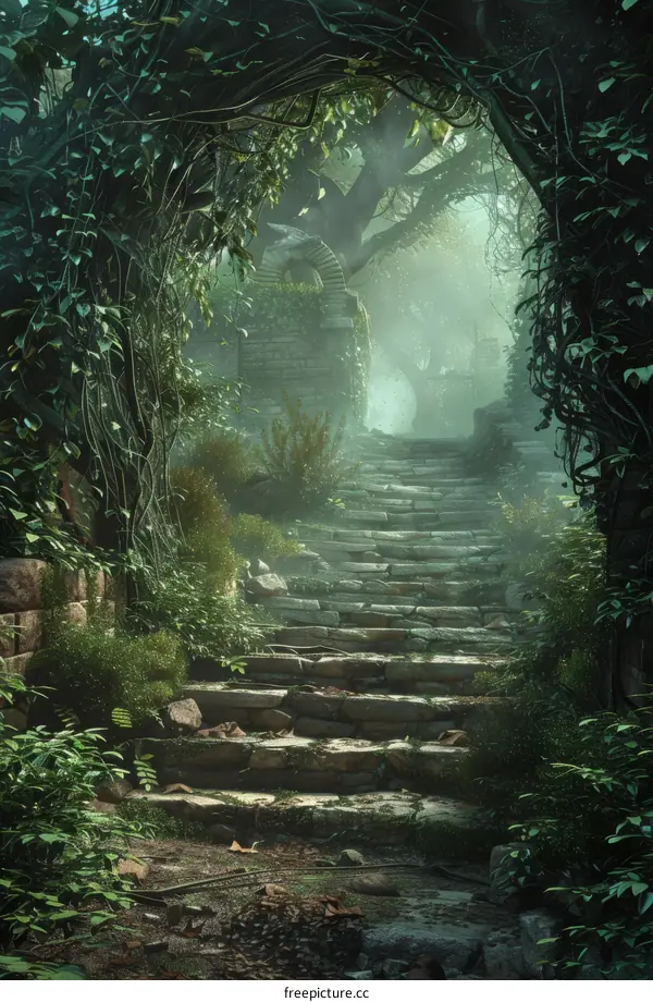 Overgrown Stone Stairs Leading to Mysterious Ruins