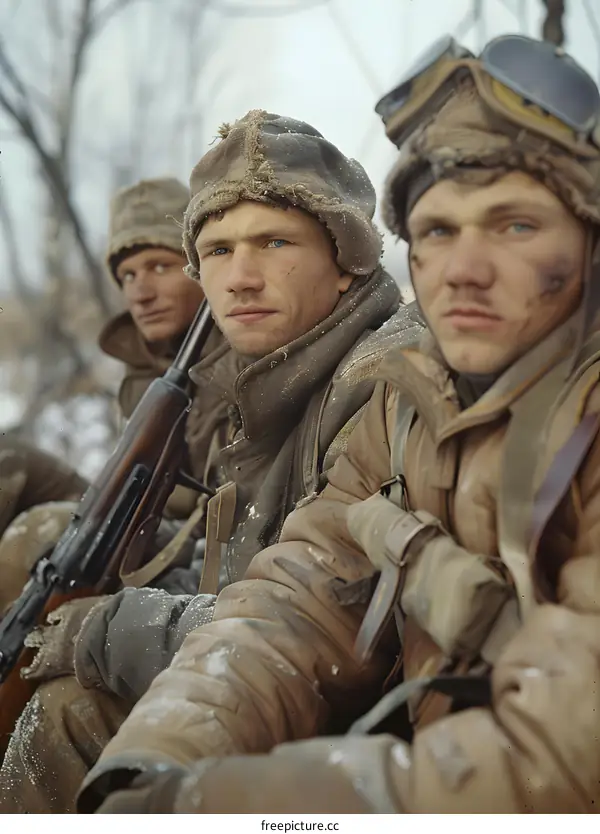 Three soldiers in winter gear pose for a photo during the Korean War.
