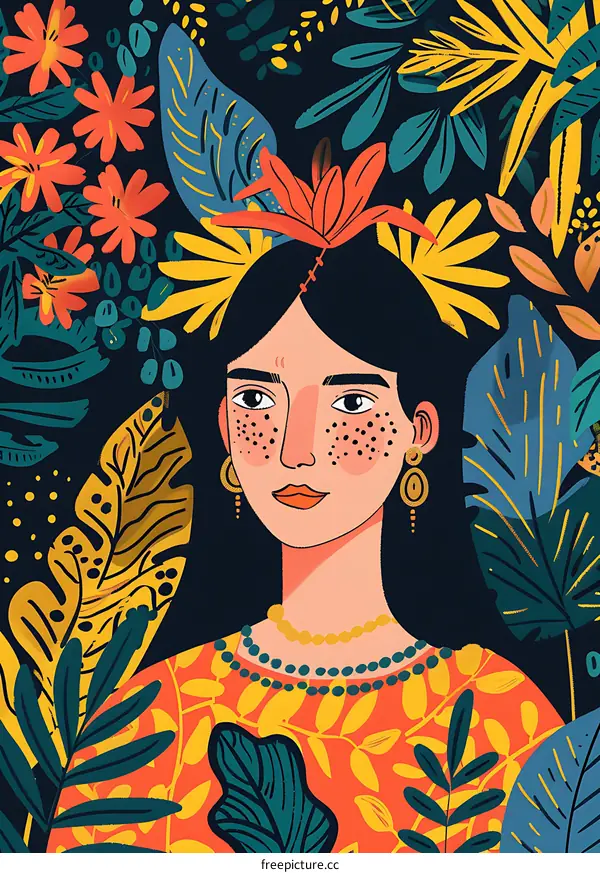 Woman with Flower Crown in Lush Tropical Foliage