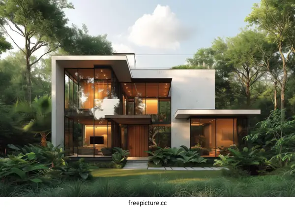 Modern Minimalist House Exterior Design with Large Glass Windows and Lush Green Landscape