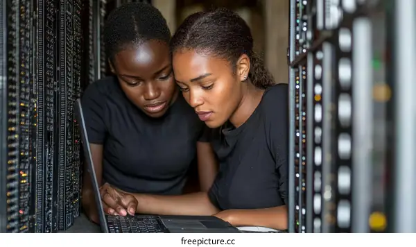 Two African American Women Working on a Laptop in a Server Room