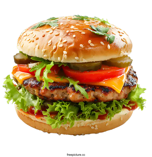 [Transparent Background PNG]Delicious Burger with Cheese and Vegetables