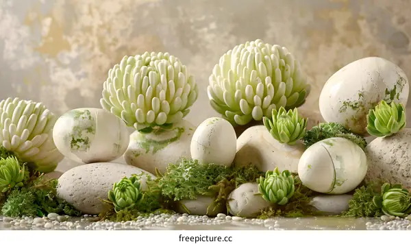 White Eggs and Green Plants on Stones Still Life Photography