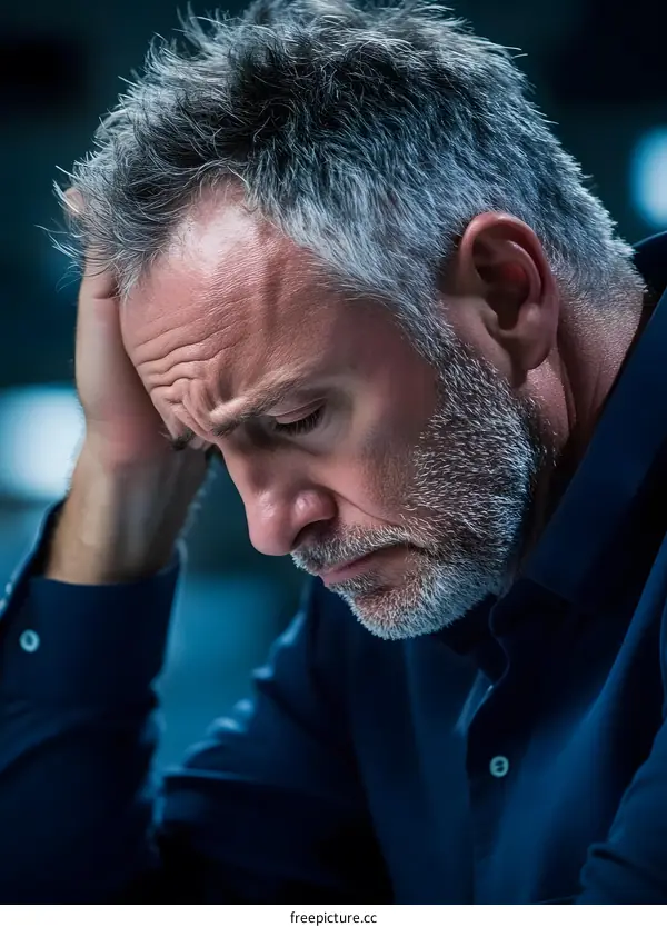 Portrait of a Man with Gray Hair and a Beard, Looking Down with a Worried Expression
